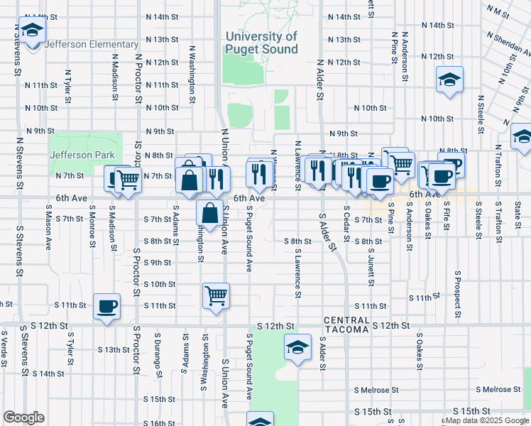 map of restaurants, bars, coffee shops, grocery stores, and more near 616 South Warner Street in Tacoma
