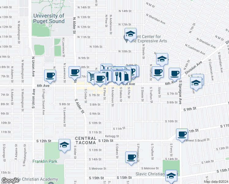 map of restaurants, bars, coffee shops, grocery stores, and more near 619 South Anderson Street in Tacoma