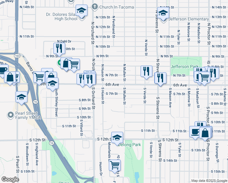map of restaurants, bars, coffee shops, grocery stores, and more near 4829 South 7th Street in Tacoma