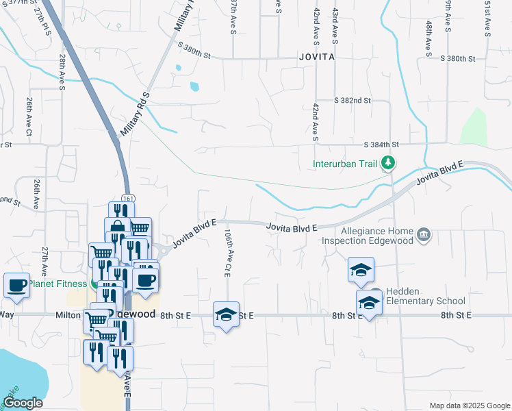 map of restaurants, bars, coffee shops, grocery stores, and more near 225 107th Avenue Court East in Edgewood