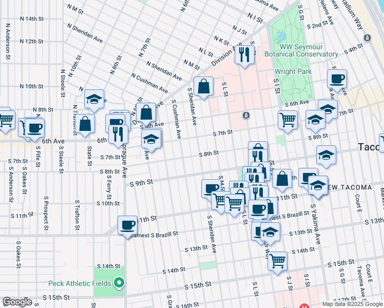 map of restaurants, bars, coffee shops, grocery stores, and more near 1402 South 8th Street in Tacoma