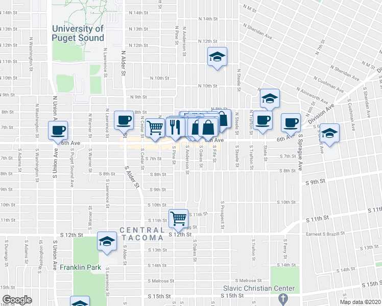 map of restaurants, bars, coffee shops, grocery stores, and more near 2715 South 7th Street in Tacoma