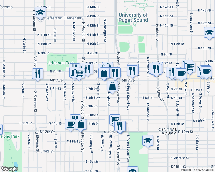 map of restaurants, bars, coffee shops, grocery stores, and more near 3705 South 7th Street in Tacoma