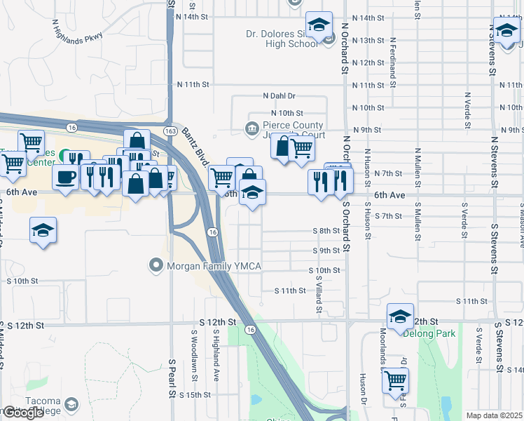 map of restaurants, bars, coffee shops, grocery stores, and more near 707 South Shirley Street in Tacoma