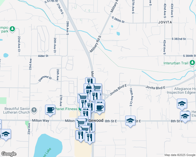 map of restaurants, bars, coffee shops, grocery stores, and more near 207 Meridian Avenue East in Edgewood