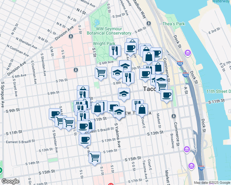 map of restaurants, bars, coffee shops, grocery stores, and more near 821 Yakima Avenue in Tacoma