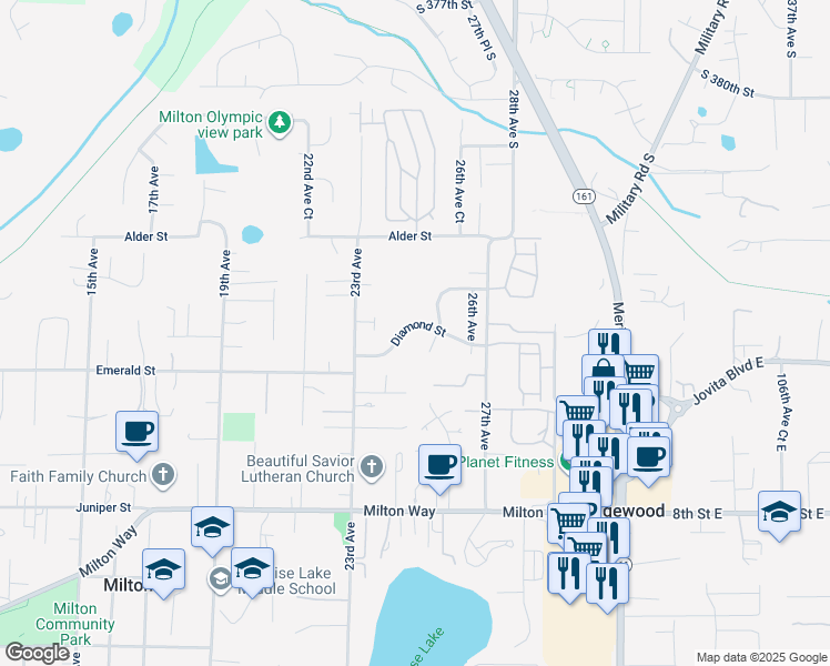 map of restaurants, bars, coffee shops, grocery stores, and more near 2425 Diamond Street in Milton