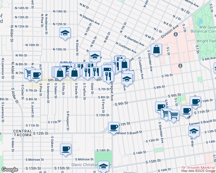 map of restaurants, bars, coffee shops, grocery stores, and more near 704 South Sprague Avenue in Tacoma