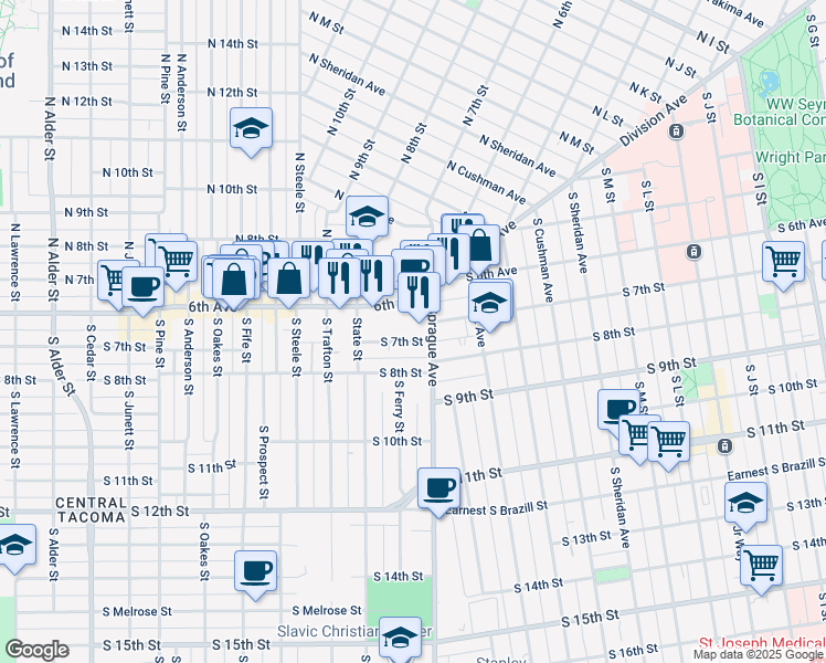 map of restaurants, bars, coffee shops, grocery stores, and more near 2028 South 7th Street in Tacoma