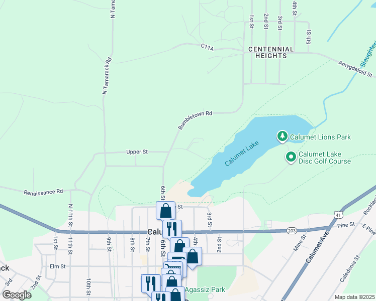 map of restaurants, bars, coffee shops, grocery stores, and more near North Water Works Street in Calumet Township