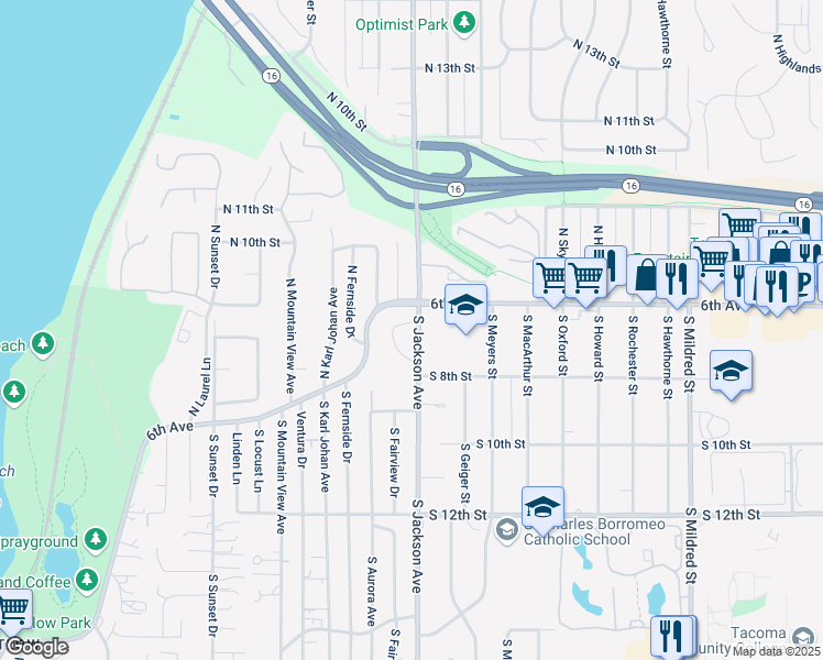 map of restaurants, bars, coffee shops, grocery stores, and more near 610 South Jackson Avenue in Tacoma