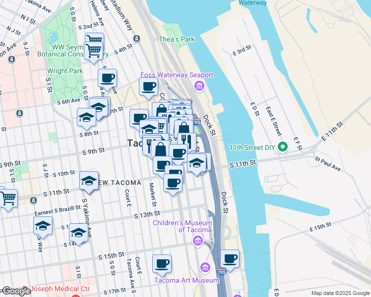 map of restaurants, bars, coffee shops, grocery stores, and more near in Tacoma