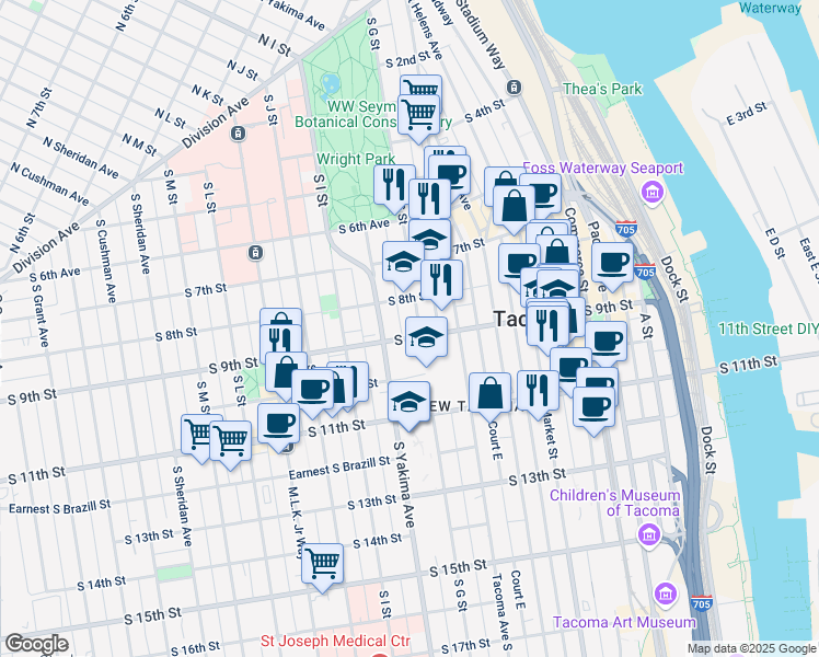 map of restaurants, bars, coffee shops, grocery stores, and more near in Tacoma