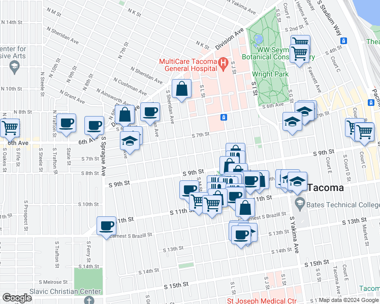 map of restaurants, bars, coffee shops, grocery stores, and more near 806 South M Street in Tacoma