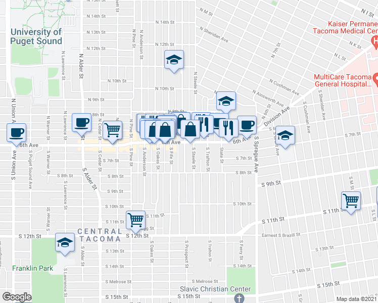 map of restaurants, bars, coffee shops, grocery stores, and more near 631 South Prospect Street in Tacoma