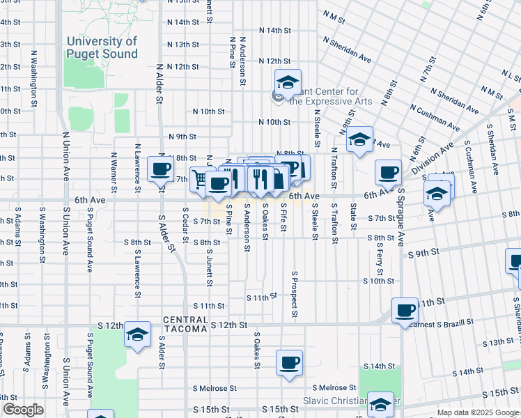 map of restaurants, bars, coffee shops, grocery stores, and more near 2715 South 7th Street in Tacoma