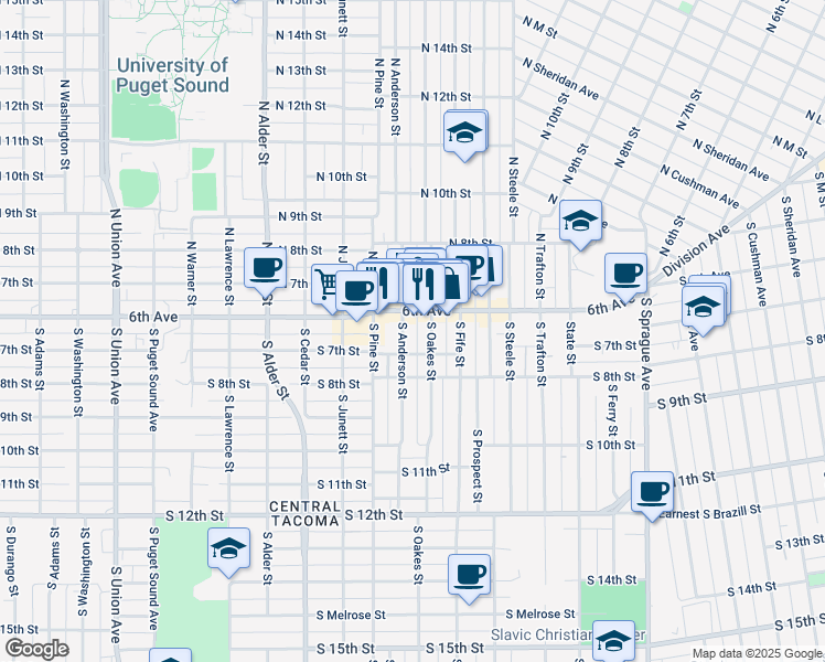 map of restaurants, bars, coffee shops, grocery stores, and more near 2715 South 7th Street in Tacoma