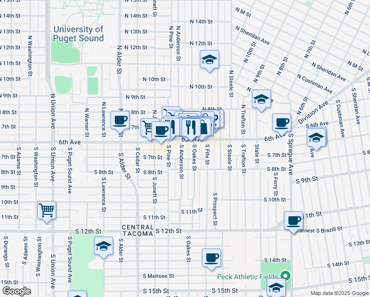 map of restaurants, bars, coffee shops, grocery stores, and more near 2715 South 7th Street in Tacoma