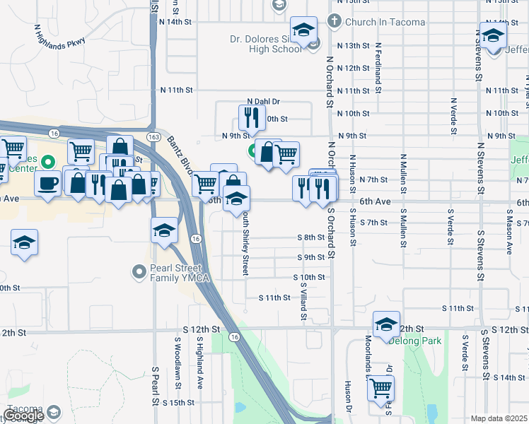 map of restaurants, bars, coffee shops, grocery stores, and more near 707-799 South Shirley Street in Tacoma