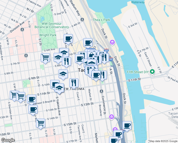 map of restaurants, bars, coffee shops, grocery stores, and more near 310 South 9th Street in Tacoma