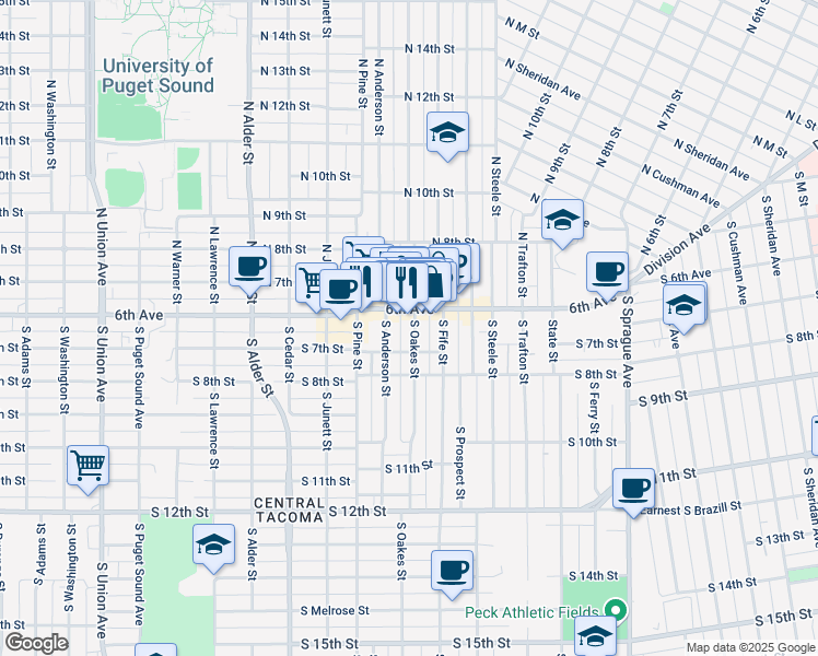 map of restaurants, bars, coffee shops, grocery stores, and more near 614 South Oakes Street in Tacoma
