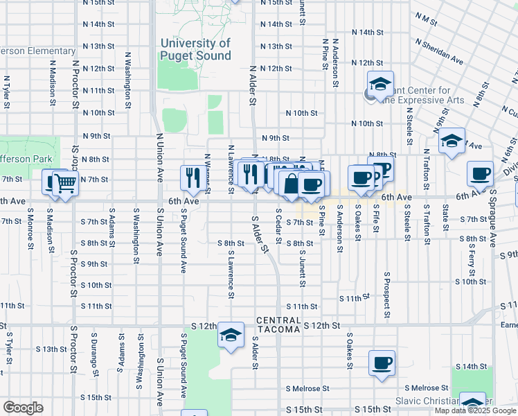 map of restaurants, bars, coffee shops, grocery stores, and more near 3203 South 7th Street in Tacoma