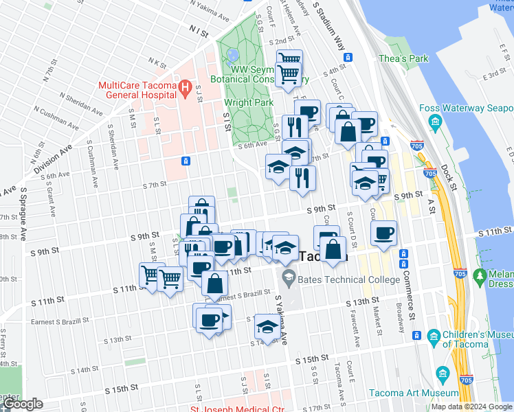 map of restaurants, bars, coffee shops, grocery stores, and more near in Tacoma