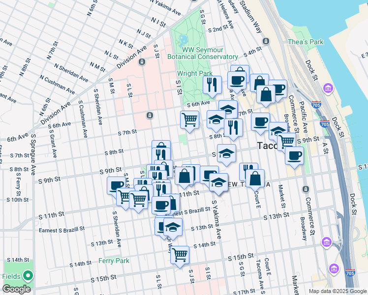 map of restaurants, bars, coffee shops, grocery stores, and more near 901 South 9th Street in Tacoma