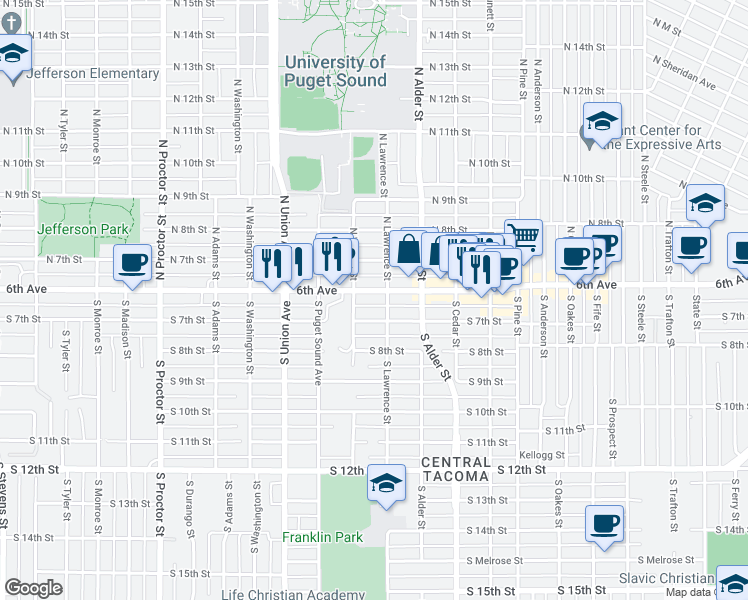map of restaurants, bars, coffee shops, grocery stores, and more near 624 South Lawrence Street in Tacoma