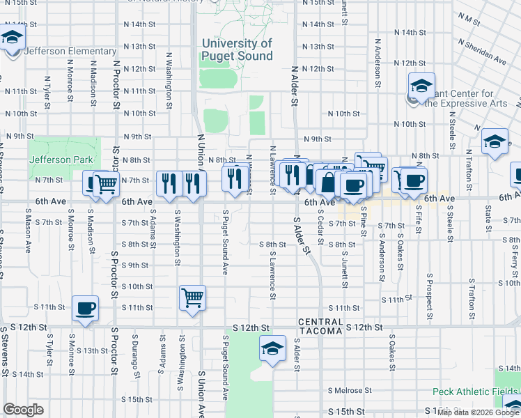 map of restaurants, bars, coffee shops, grocery stores, and more near 624 South Lawrence Street in Tacoma