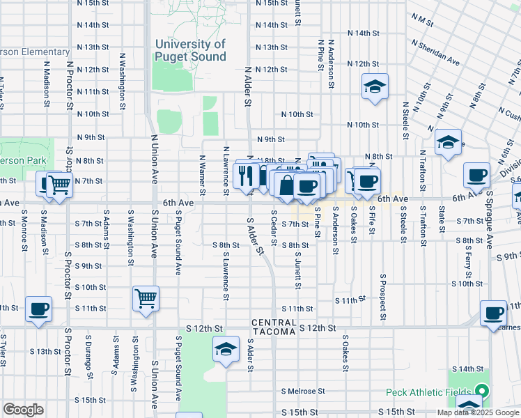 map of restaurants, bars, coffee shops, grocery stores, and more near 618 South Cedar Street in Tacoma