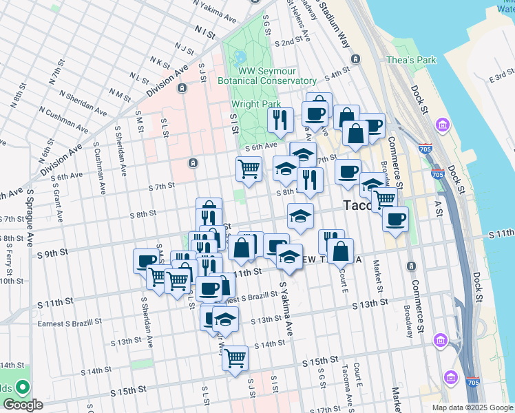 map of restaurants, bars, coffee shops, grocery stores, and more near 809 South I Street in Tacoma