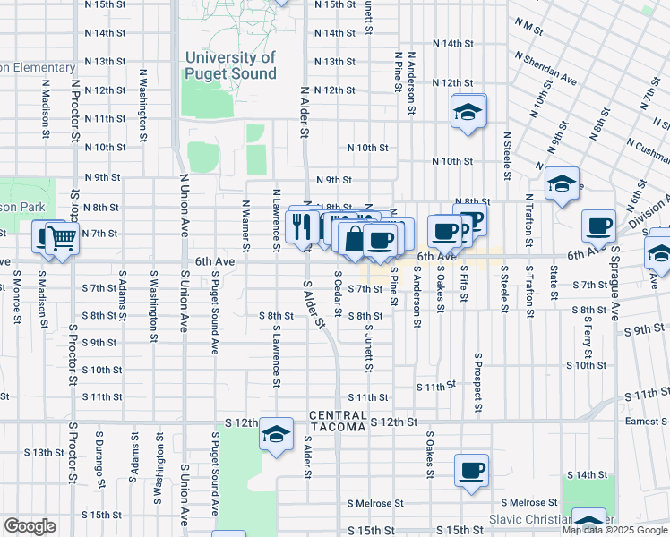 map of restaurants, bars, coffee shops, grocery stores, and more near 618 South Cedar Street in Tacoma
