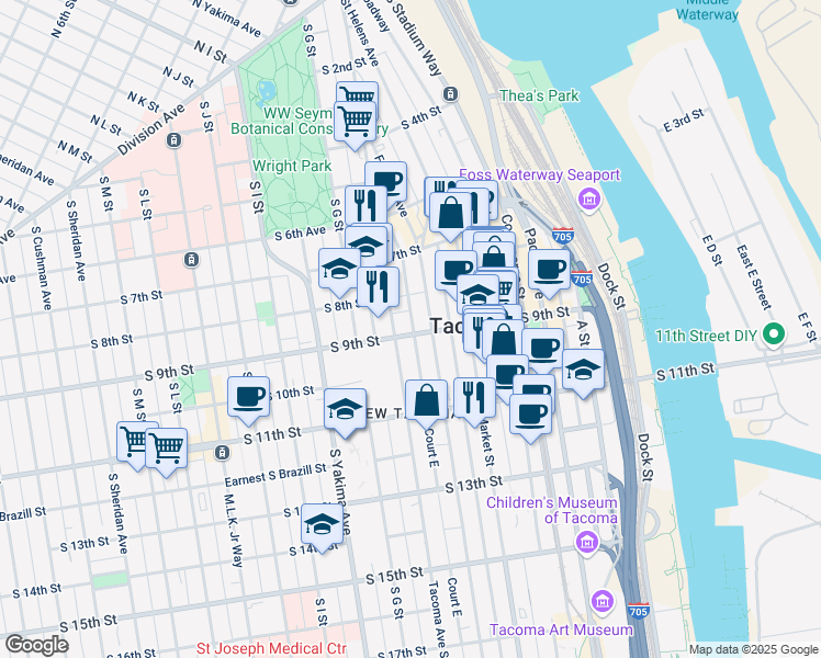 map of restaurants, bars, coffee shops, grocery stores, and more near 910 Tacoma Avenue South in Tacoma