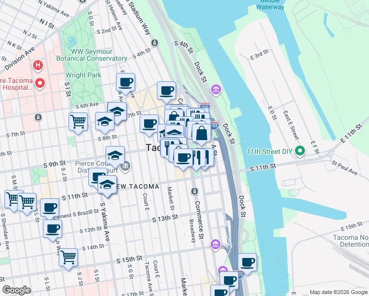 map of restaurants, bars, coffee shops, grocery stores, and more near 901 Broadway in Tacoma