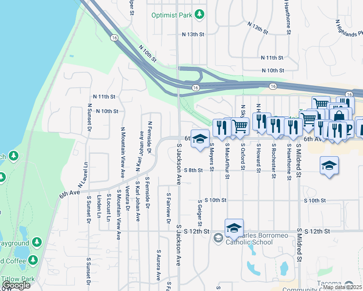 map of restaurants, bars, coffee shops, grocery stores, and more near 610 South Jackson Avenue in Tacoma