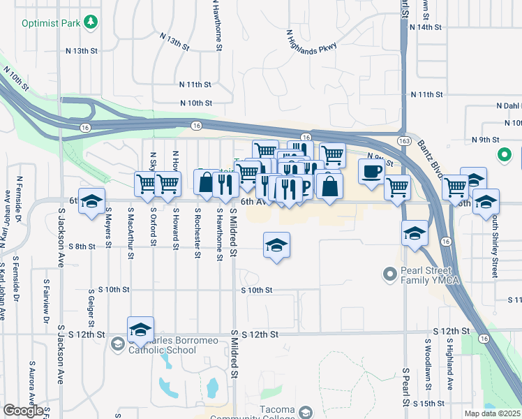 map of restaurants, bars, coffee shops, grocery stores, and more near 6510 6th Avenue in Tacoma
