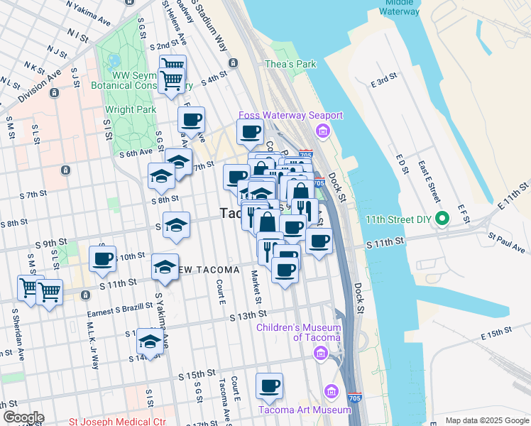 map of restaurants, bars, coffee shops, grocery stores, and more near 902 Broadway in Tacoma