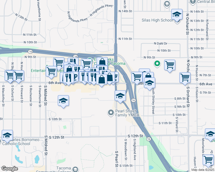 map of restaurants, bars, coffee shops, grocery stores, and more near 5930 6th Avenue in Tacoma