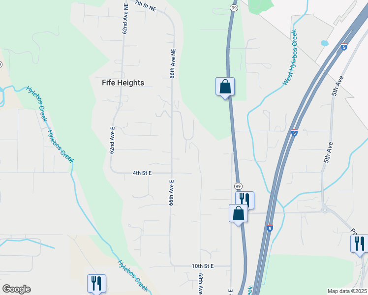 map of restaurants, bars, coffee shops, grocery stores, and more near 210 66th Avenue Court East in Fife