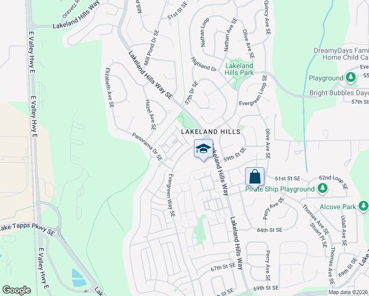 map of restaurants, bars, coffee shops, grocery stores, and more near 1020 Evergreen Way Southeast in Auburn