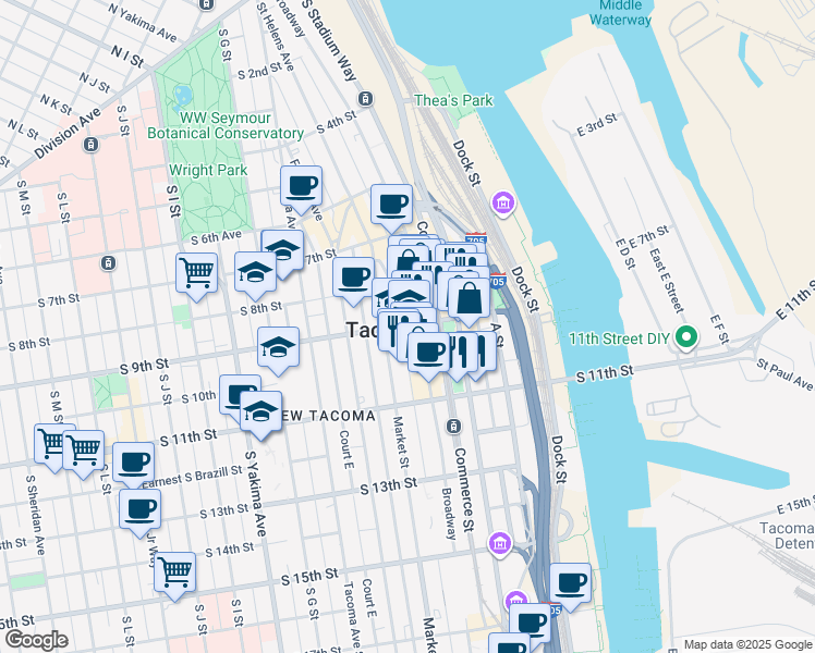 map of restaurants, bars, coffee shops, grocery stores, and more near 902 Broadway in Tacoma