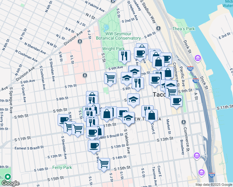 map of restaurants, bars, coffee shops, grocery stores, and more near in Tacoma