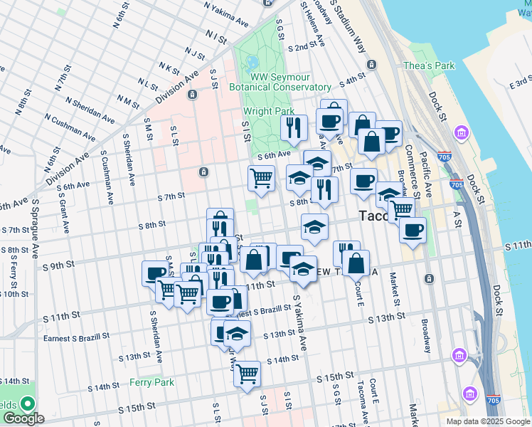 map of restaurants, bars, coffee shops, grocery stores, and more near 901 South 9th Street in Tacoma