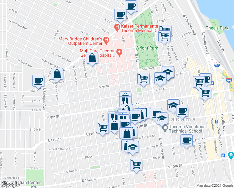 map of restaurants, bars, coffee shops, grocery stores, and more near 808 Martin Luther King Junior Way in Tacoma