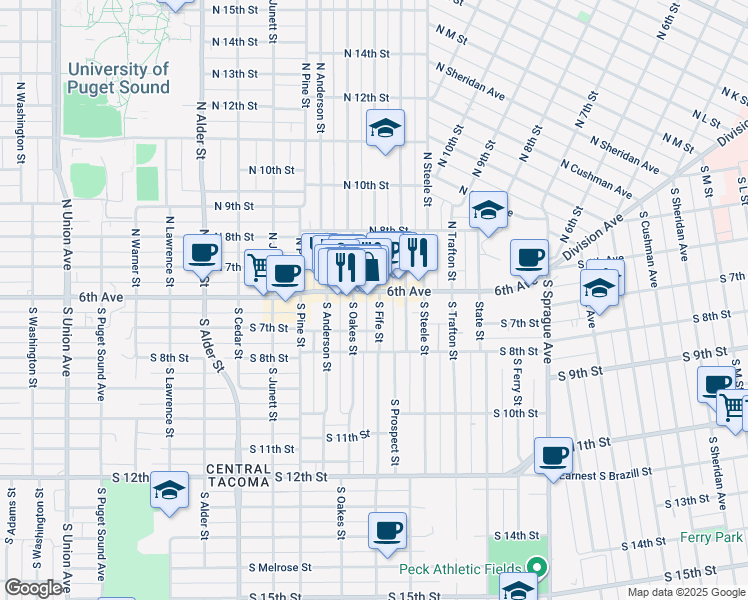 map of restaurants, bars, coffee shops, grocery stores, and more near 628 South Fife Street in Tacoma