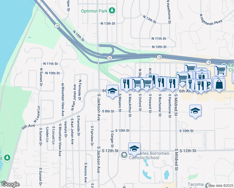 map of restaurants, bars, coffee shops, grocery stores, and more near 7401 South 8th Street in Tacoma