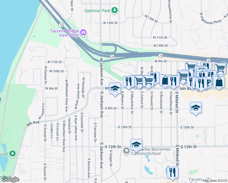 map of restaurants, bars, coffee shops, grocery stores, and more near 7401 South 8th Street in Tacoma