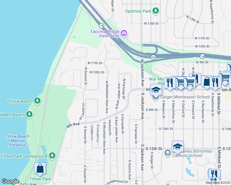 map of restaurants, bars, coffee shops, grocery stores, and more near 632 North Karl Johan Avenue in Tacoma
