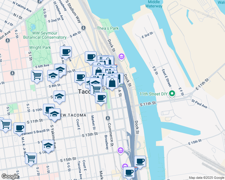 map of restaurants, bars, coffee shops, grocery stores, and more near 815 Pacific Avenue in Tacoma